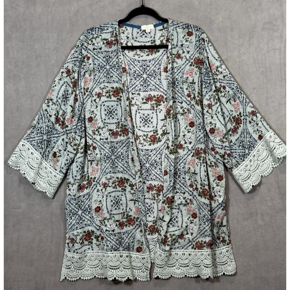 Mason & Belle Floral Kimono Cardigan‎ Blue Lace Trim Plus Size 2X JFPW49249D